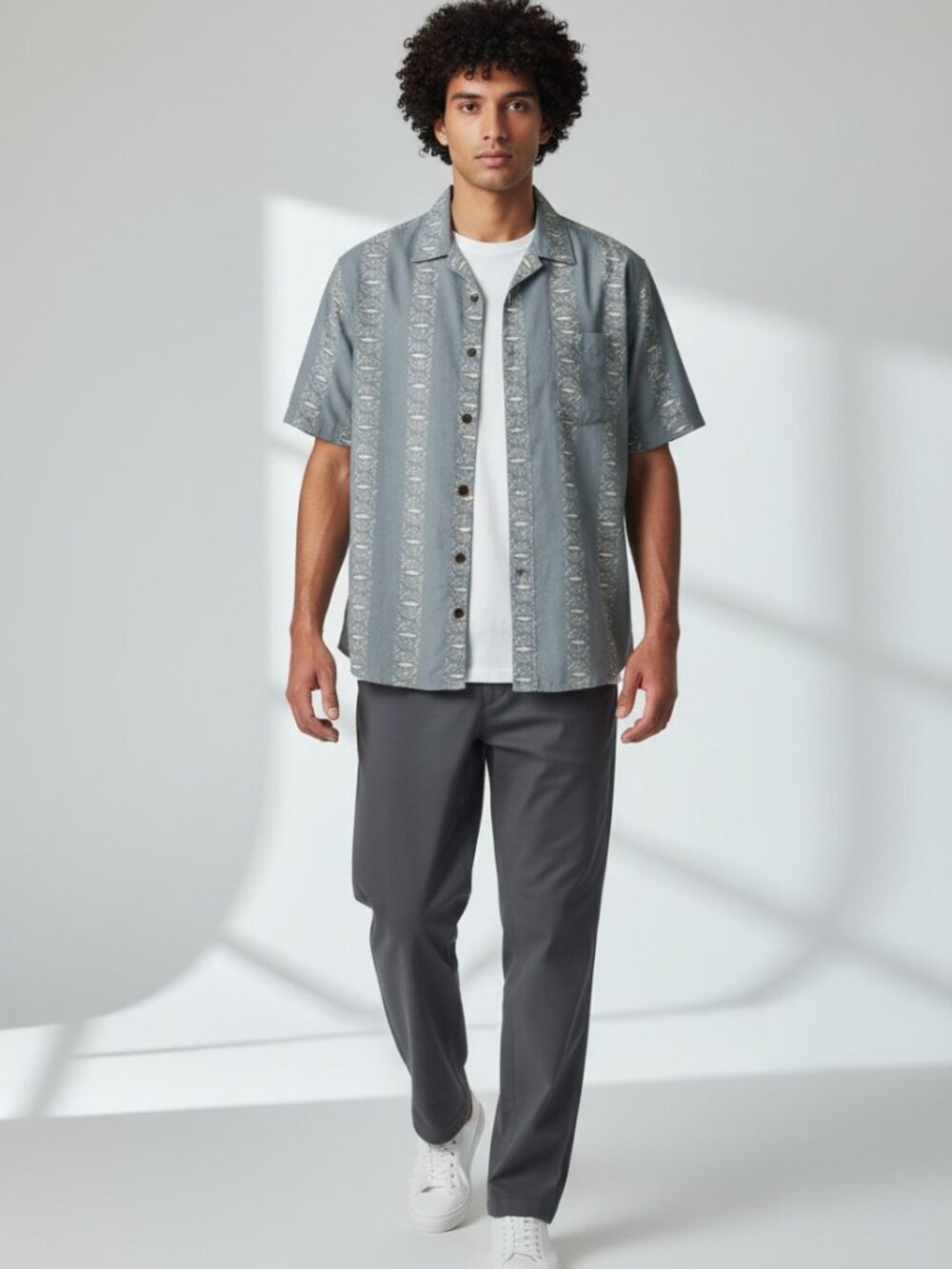 Katin EST 1954 Slate Blue Botanical Stripe Short Sleeve Button Down Shirt Medium